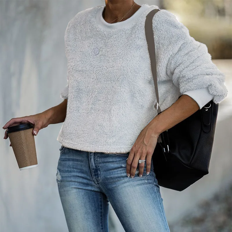 Autumn Winter Faux Fur Fuzzy Pullover Tops Women Long Sleeve Round Neck Casual Sweatshirts