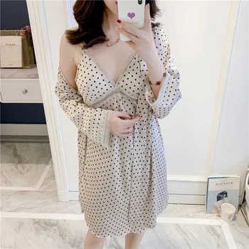 

Print Dot Kimono Gown Women 2PCS Nighty&Robe Set Satin Nightdress Intimate Lingerie Sleepwear Casual Bathrobe Home Clothes