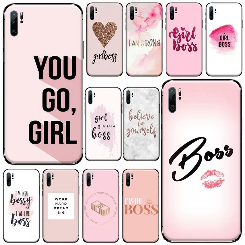 huawei pu case Girl Boss Pink Women power text slogan Phone Case For Huawei honor Mate P 9 10 20 30 40 Pro 10i 7 8 a x Lite nova 5t huawei silicone case