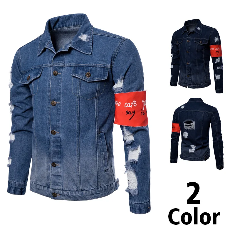 

MEN'S Denim Jacket 2018 Spring New Style Fashion Ouma with Holes Popular Brand Coat Men's