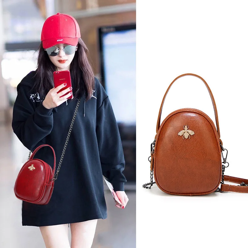 

2020 Summer New Style Women's Bag Korean-style Versitile Fashion Oil Wax Leather Bees Square Sling Bag Crossbody Bag