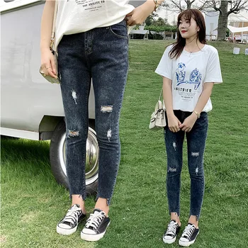 

Jeans Female Plus Size XL-4XL Hole Denim Pants Gray-blue Color Womens Jeans Stretch Bottoms Skinny Pants for Women Trousers