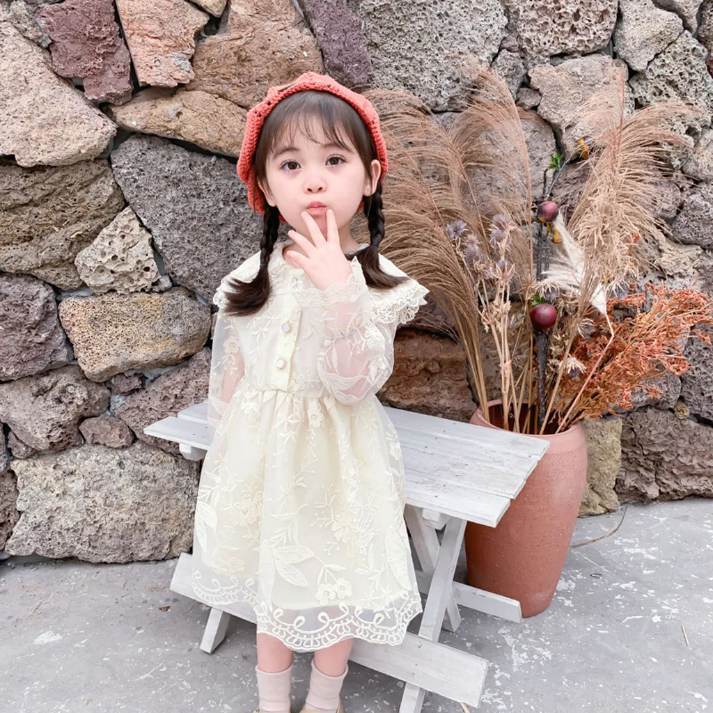Летнее платье для девочек; корейское платье для маленьких девочек; Одежда для маленьких девочек; однотонное кружевное платье с длинными рукавами; платья принцессы; одежда