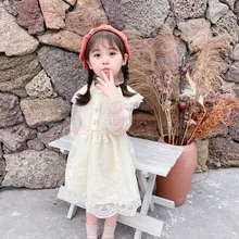 Летнее платье для девочек; корейское платье для маленьких девочек; Одежда для маленьких девочек; однотонное кружевное платье с длинными рукавами; платья принцессы; одежда