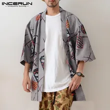 INCERUN модная мужская верхняя одежда Тренч с принтом уличная 3/4 рукав кардиган мешковатые кимоно плащ винтажные повседневные пальто
