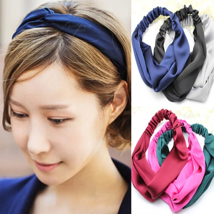 

2016 South Korea Solid Color Fabric Elastic Bow Hair Band Korean-style Wide Cross Headscarf Headband A460