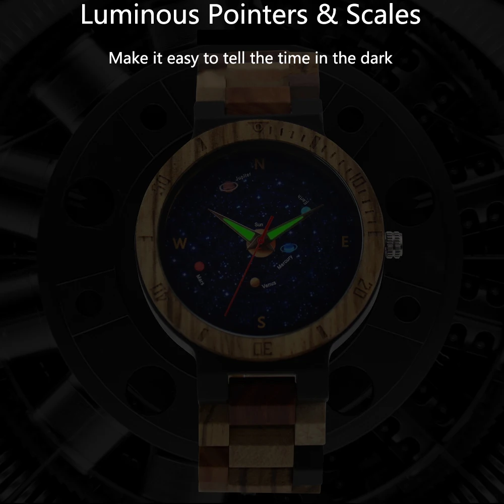 Solid Natural Wood Watch Men Quartz Watch The Earth World Planet Design Wooden Band Male Wristwatch Clock Man Relogio Masculino