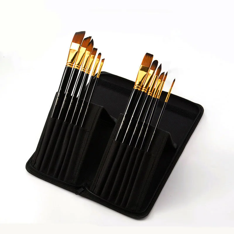 

Cross Border for 12 Nylon Wool Long Brush Holder Combination Black Pen Bag Set Watercolor Painting Oil Painting Propylene Brush