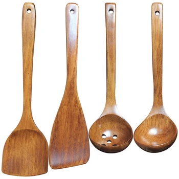 

A Set of 4 Pieces, Kitchen Cooking Wooden Spatula Spoon, Wooden Flat Spatula, Oil Spill Spoon, Insulated Wooden Spatula,Lacquer