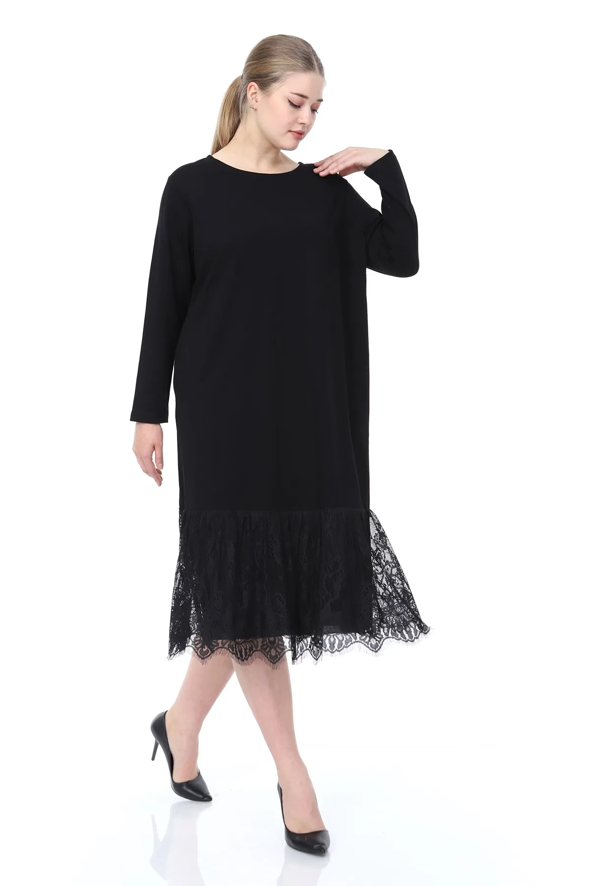 Vrouwen Plus Size Lange Mouwen Rok Kant Detail Jurk Zwart L1607 Vrouwen Plus Size Lange Mouwen Rok Kant Detail Jurk Zwart L1607