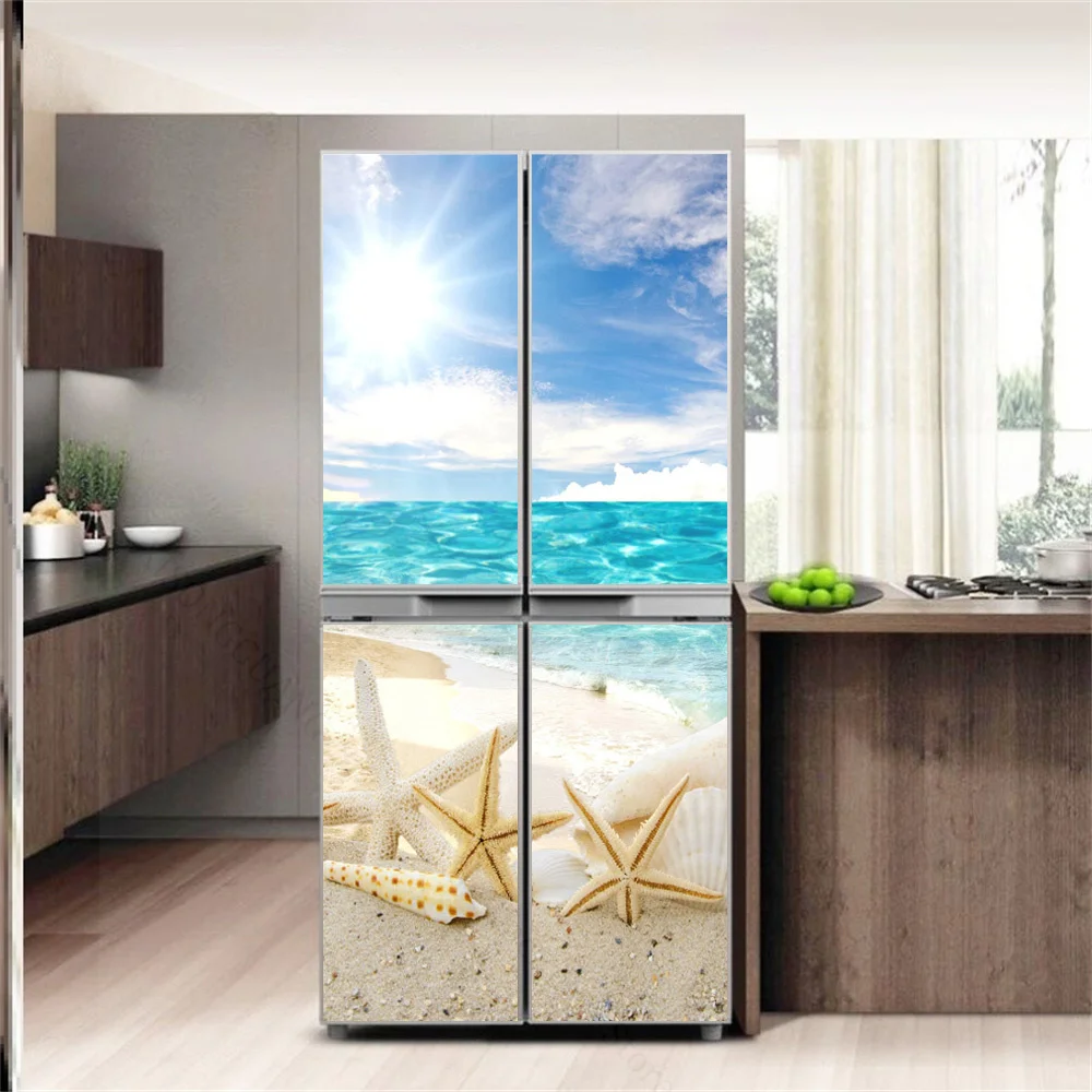 Self Adhesive Vinyl Refrigerator Wrap Set Green Golden Tropical Leaves a  Black Door Mural Removable Fridge Sticker Peel and Stick Full Door Cover