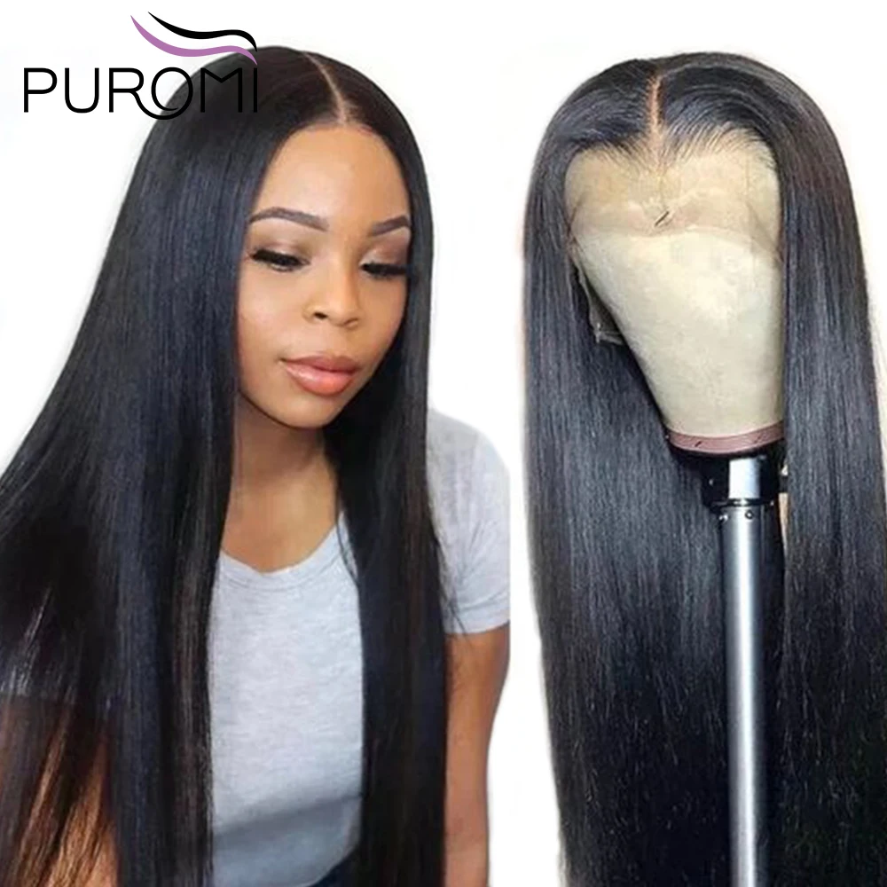 Puromi 13x4 recto peluca con malla frontal no Remy brasileño frente de encaje pelucas de cabello humano para las mujeres negras con el pelo del bebé 28 30 pulgadas