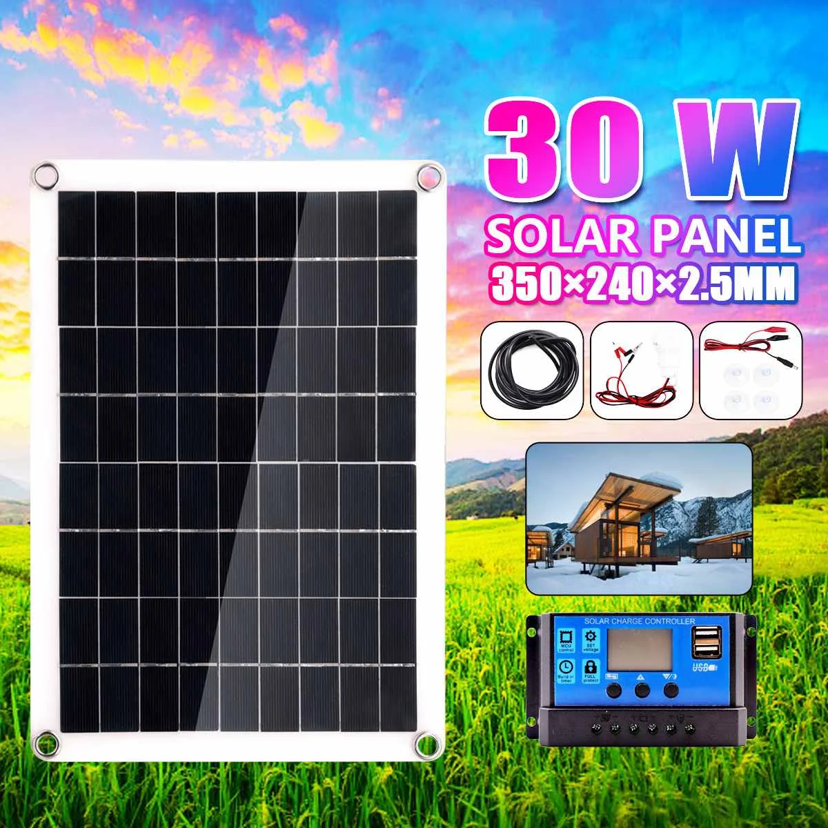 30W Solar Panel Dual USB 18V with 10A USB Solar Regulator Charger Controller + 3W LED Lamp for Car Outdoor Camping Light