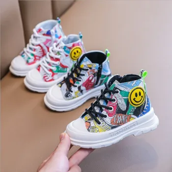

Children Girls Boys Single Colorful Graffiti Shoes Flat Casual Pu Martin Boots 21-30 811 TB02