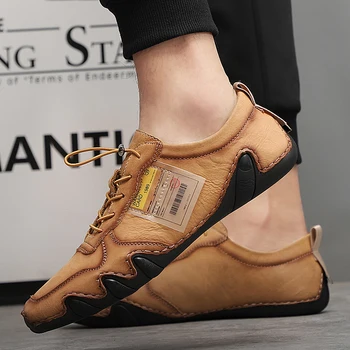 

Fashion outdoor Men Genuine Leather Shoes Lace-Up Leather Loafers Mens Moccasins Italian Designer Flats Shoes Big size 38-47