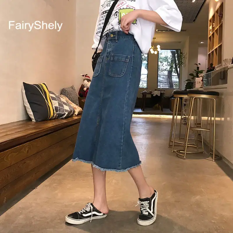 FairyShely, весна, осень, зима, джинсовые длинные юбки для женщин, синие, с карманами, высокая талия, тонкие, прямые, с разрезом, джинсовая юбка для женщин