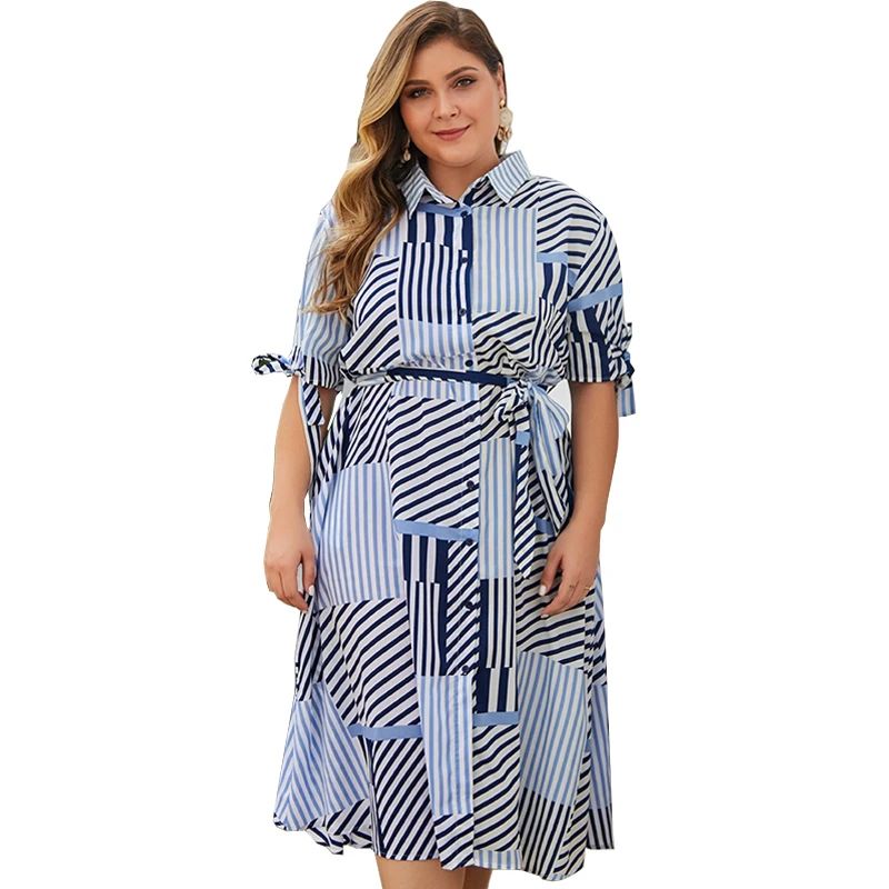 

Casual Buttons Shirt Dress Plus Size Women Summer Short Sleeve Blue Striped Beach Boho Midi Dress Elegant Lady Party Dress 2020