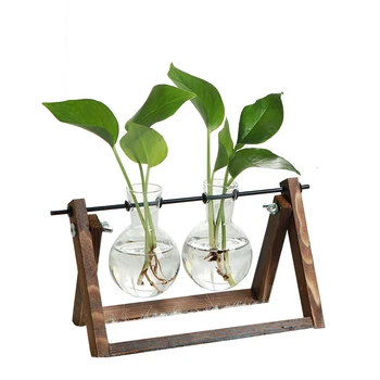 

Glass and Wood Vase Planter Terrarium Table Desktop Hydroponics Plant Bonsai Flower Pot Hanging Pots with Wooden Tray Home Decor