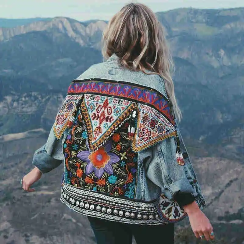 Женская джинсовая куртка Boho с цветочной вышивкой синяя свободная хлопковая