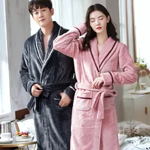 

Coral Fleece Couple Pajamas Nightgown Thickened Warmth Winter Robe Bathrobe Loose Homewear Pajamas for Men and Women Sleepwear