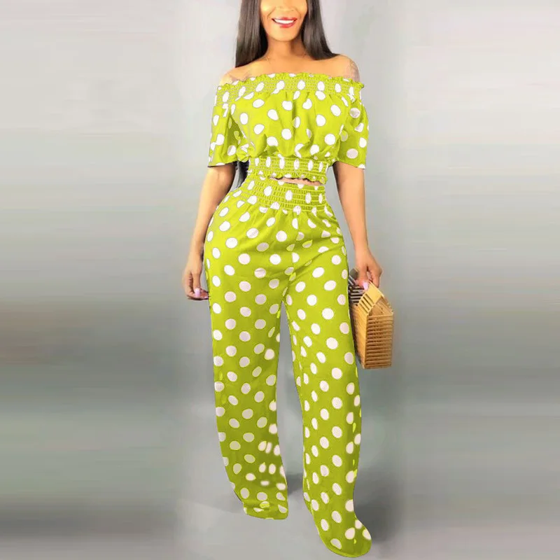 co ord sets Women Summer Sexy 2 Pieces Outfits Polka Dot Printed Off Shoulder Crop Top and High Waist Long Pants Elegant Streetwear Workwear matching lounge set Women's Sets