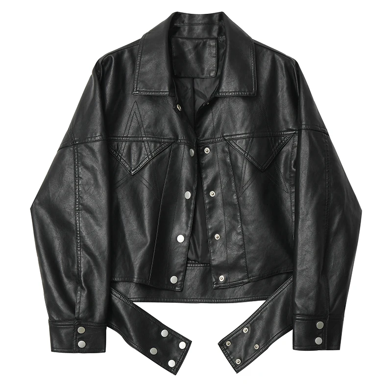 [EAM] Свободная черная короткая куртка из искусственной кожи большого размера, новинка, Женское пальто с отворотом и длинным рукавом, модное осенне-зимнее пальто 1H459