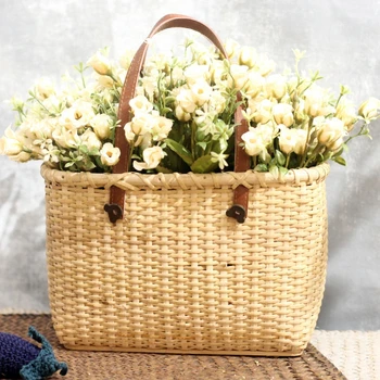 

Rattan Flower Basket Double Handle Basket Home Woven Storage Basket Wicker Wood Chip Hand Basket