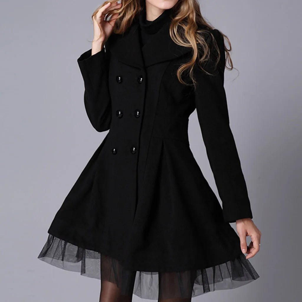 Женское расклешенное двубортное пальто, женское длинное пальто с лацканами, Элегантное зимнее теплое шерстяное пальто для женщин, верхняя одежда