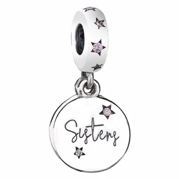 

New 925 Sterling Silver Charm Two Engraved Discs Forever Sisters With Crystal Pendant Bead Fit Bracelet Diy Jewelry