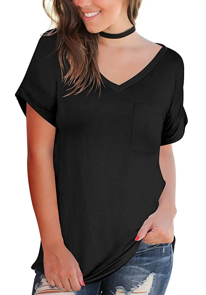 

Women's Short Sleeve Tops Casual V-Neck T-Shirts with Front Pocket