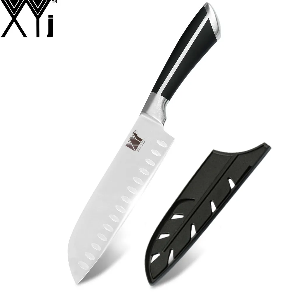 XYj 6 шт., набор кухонных ножей из нержавеющей стали 3CR13, острое лезвие, изогнутая ручка, нож для нарезки хлеба, Santoku, нож для очистки овощей, инструмент - Цвет: E.7 SANTOKU KNIFE