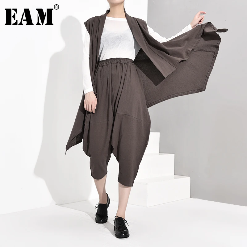 

[EAM] Wide Leg Pants Three Pieces Suit New Round Neck Long Sleeve Khaki Loose Fit Women Fashion Tide Spring Autumn 2019 1A8270