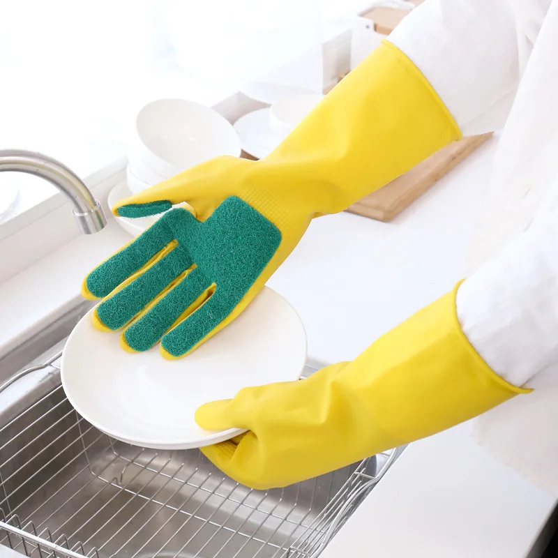 

1 Pair Reusable Household Cleaning Glove Kitchen Dish Washing Gloves Fingers With Scouring Pad Sponge Dishwashing Rubber Gloves