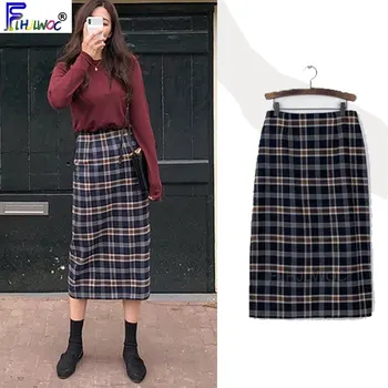 

A Line Plaid Skirts Midi Women Preppy Style Winer Spring Japanes Style Design Clothes High Waist Skirt Vintage 1102