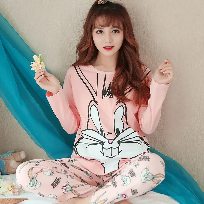 

Cute Pajama Set Pink Bugs Bunny Women Pajamas Autumn Long Sleeves Printing Pajamas Full Length Home Clothes