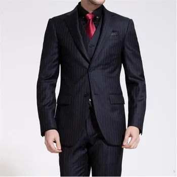 

New Elegant Male Suit Formal Slim Black Suits Stripe Groom Wedding For Men Best Man paty Blazer With Mens Suits 3 Pieces (Jacket Pants vest) Custom suit