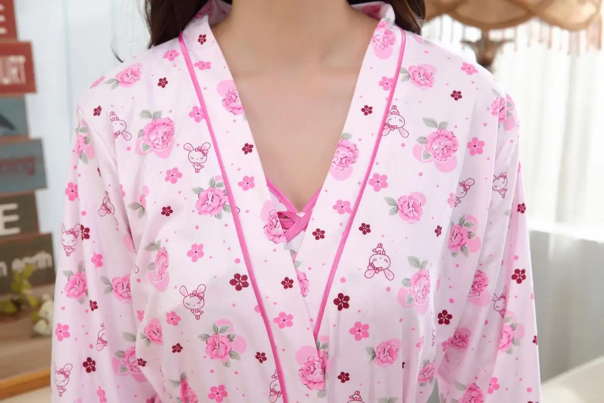 Night Robe Sleepwear Dress Two-Piece SetAutumn And Summer Cartoon Long-Sleeve Pajamas Strap Nightdress Tracksuit Nightgown