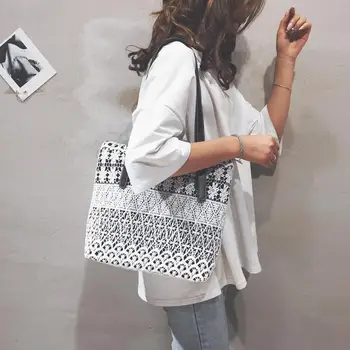 

Fashion Ladies Lace Shoulder Handbags Women Straw Woven Top-handle Bags Casual Summer Beach Large Capacity Shopping Totes