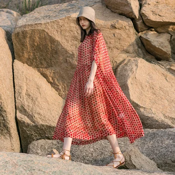 

Original Design AIGYPTOS Summer New Women Elegant Dresses Oversized Casual Loose Red Polka Dots 100%Silk Midi Dresses Long dress