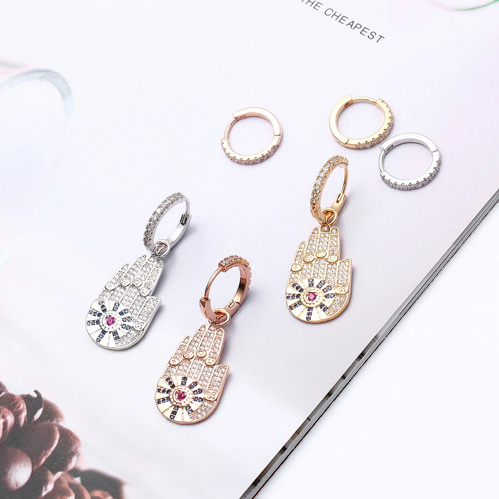 Top Quality Vintage Rose Gold Silver Fashion Hamsa Hand CZ Stud Earrings For Women Accessories Jewelry Gift Dropshipping