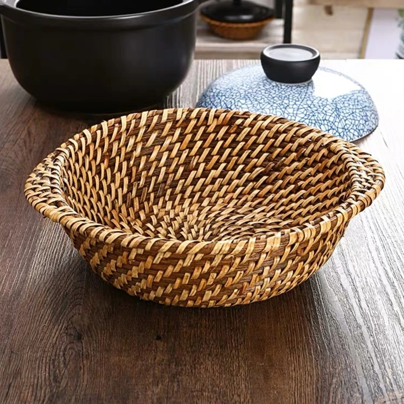 Kitchen storage basket handmade rattan woven round brown green vegetable and fruit storage basket kitchen household items