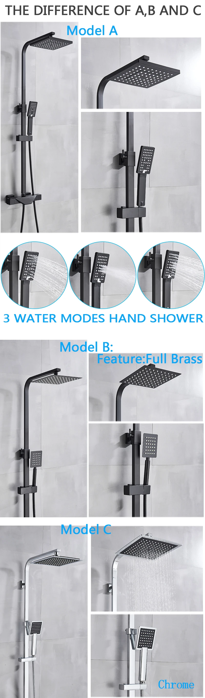 Black Thermostatic Bathroom Shower Faucet Set Rainfall 8 inch Shower Head High Quality Shower Crane Brass tub spout Mixer Taps