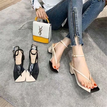 

Black White Square Toe Cross-tied Med Heels Sandals Sexy Casual Shoes Flip Flops Gladiator Sandals Zapatos De Mujer Luxury Brand