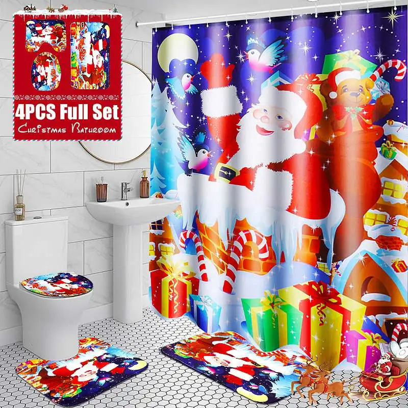 Merry Christmas набор для ванной, снеговик, Санта Клаус, лось, узор, водонепроницаемый, занавеска для душа, крышка для туалета, коврик, нескользящий, ковер, домашний декор