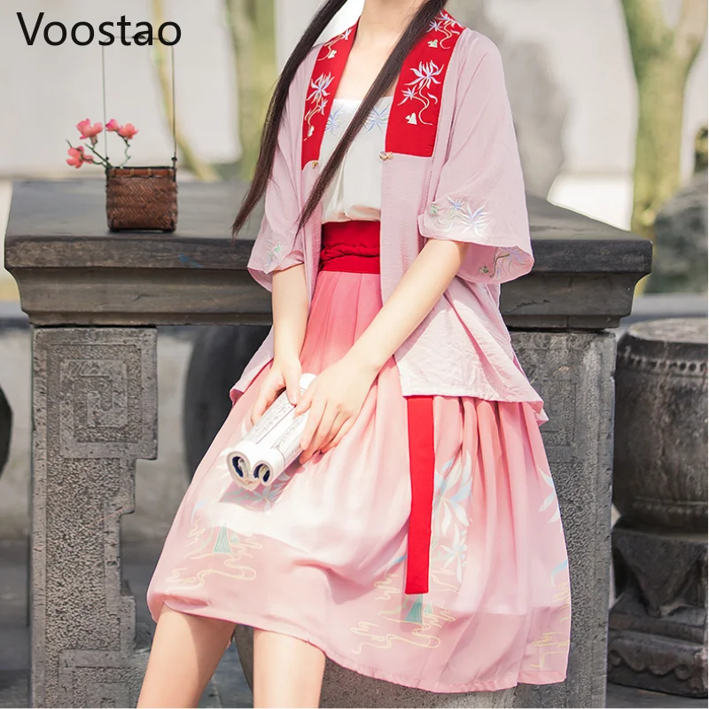 여름 중국 스타일 여성 우아한 Hanfu 드레스 고대 전통 노래 왕조 댄스 의상, 소녀 빈티지 탑스 스커트 세트  Best5