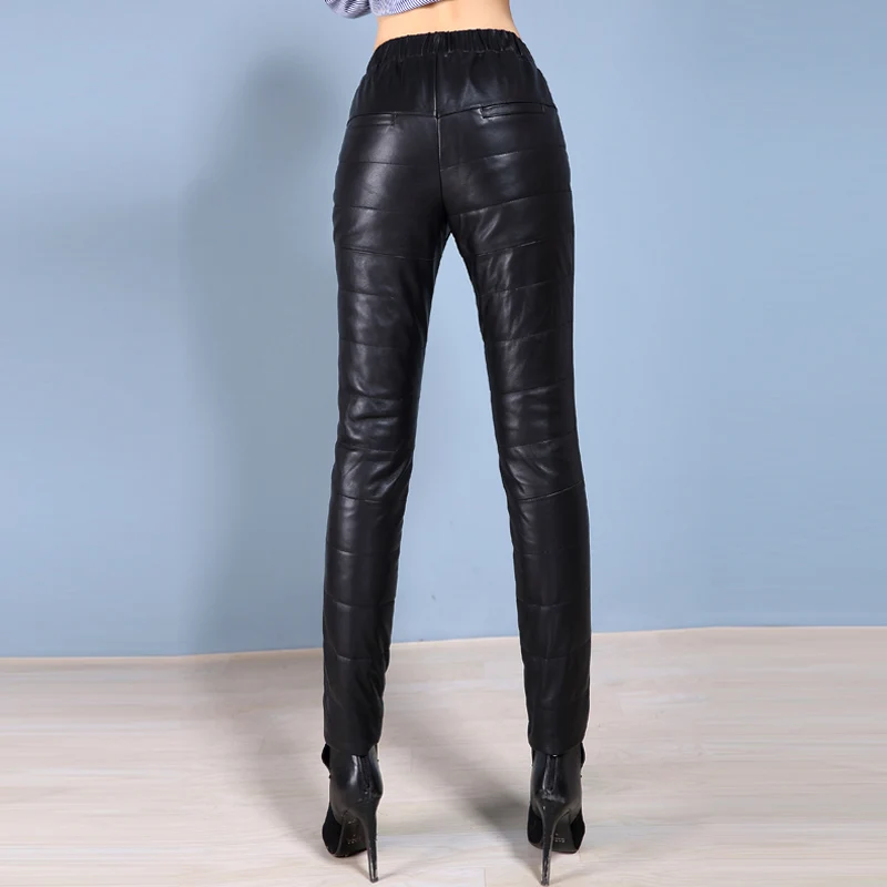 Women's High Waist Sheepskin Leather Pants, Winter Warm Pants, Thickened Black Pencil Pants