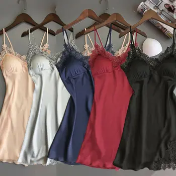 

Women's Sexy Lingerie Silk Nightgown Summer Dress Lace Night Dress Sleepwear Babydoll Nightie Satin Homewear Chest Pad Nightwear