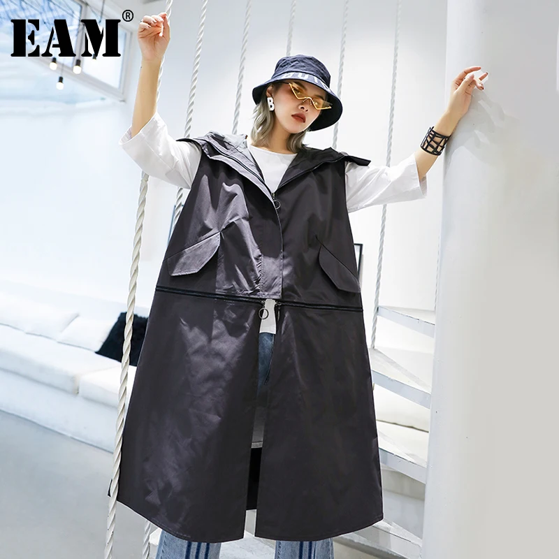 

[EAM] Women Loose Fit Black Big Pocket Long Big Size Vest New Hooded Sleeveless Zipper Spliced Fashion Spring Autumn 2019 JZ443