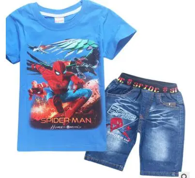 Одежда для мальчиков крутая одежда с рисунком Человека-паука для маленьких мальчиков детская футболка Топ футболка+ джинсы джинсовые штаны комплект одежды