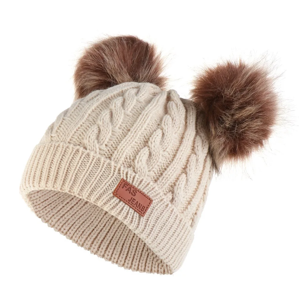 Зимняя детская утепленная шерстяная шляпа уши кролика двойной шерстяными помпонами теплая защита ушей вязаная шапка с сплошной цвет шляпа - Цвет: see chart